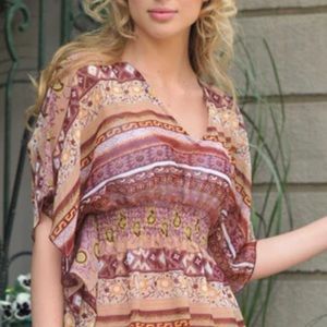 La Moda Luxury | NWOT Lovely Navy Red Ivory Print Sheer Caftan/Tunic Size L